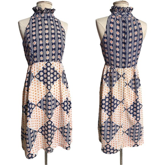 Dresses & Skirts - 70s Vintage Daisy Print Mini Dress Boho Polkadot Flower Sleeveless Patchwork.